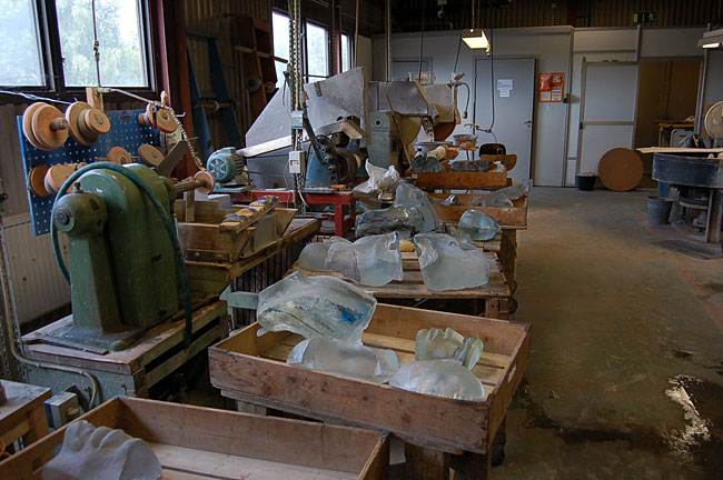 Machines and half finished glass sculptures at Reijmyre glasbruk